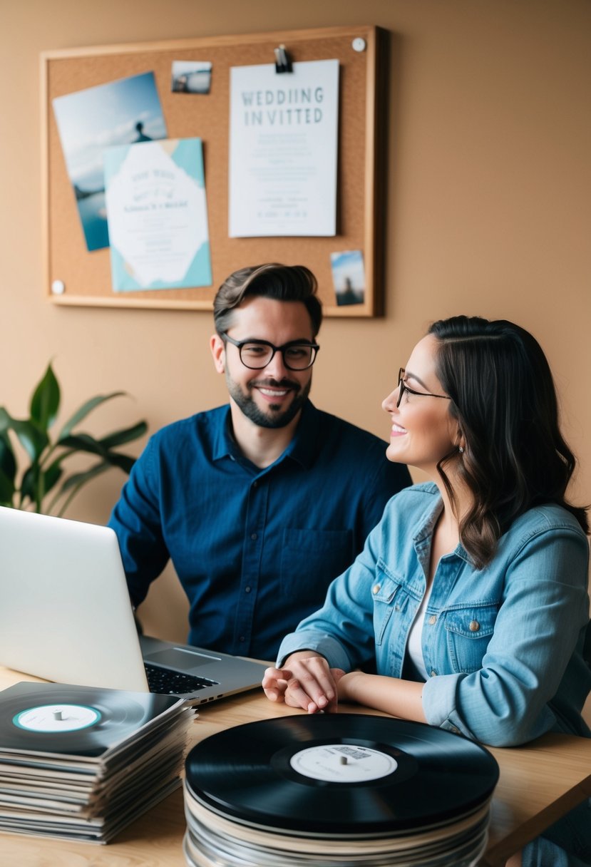 A couple sits at a table, discussing music genres. A laptop and a stack of vinyl records are on the table. A wedding invitation is pinned to a corkboard in the background