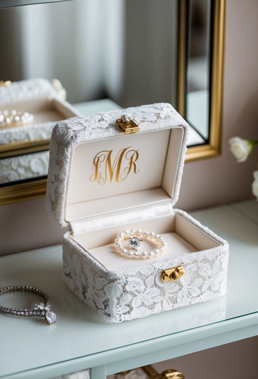 A white lace jewelry box sits on a vanity, adorned with the bride's monogram in gold. Delicate pearls and diamonds sparkle inside