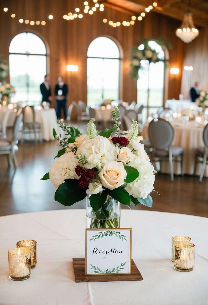 A beautifully decorated reception area with personalized touches like unique centerpieces and custom signage