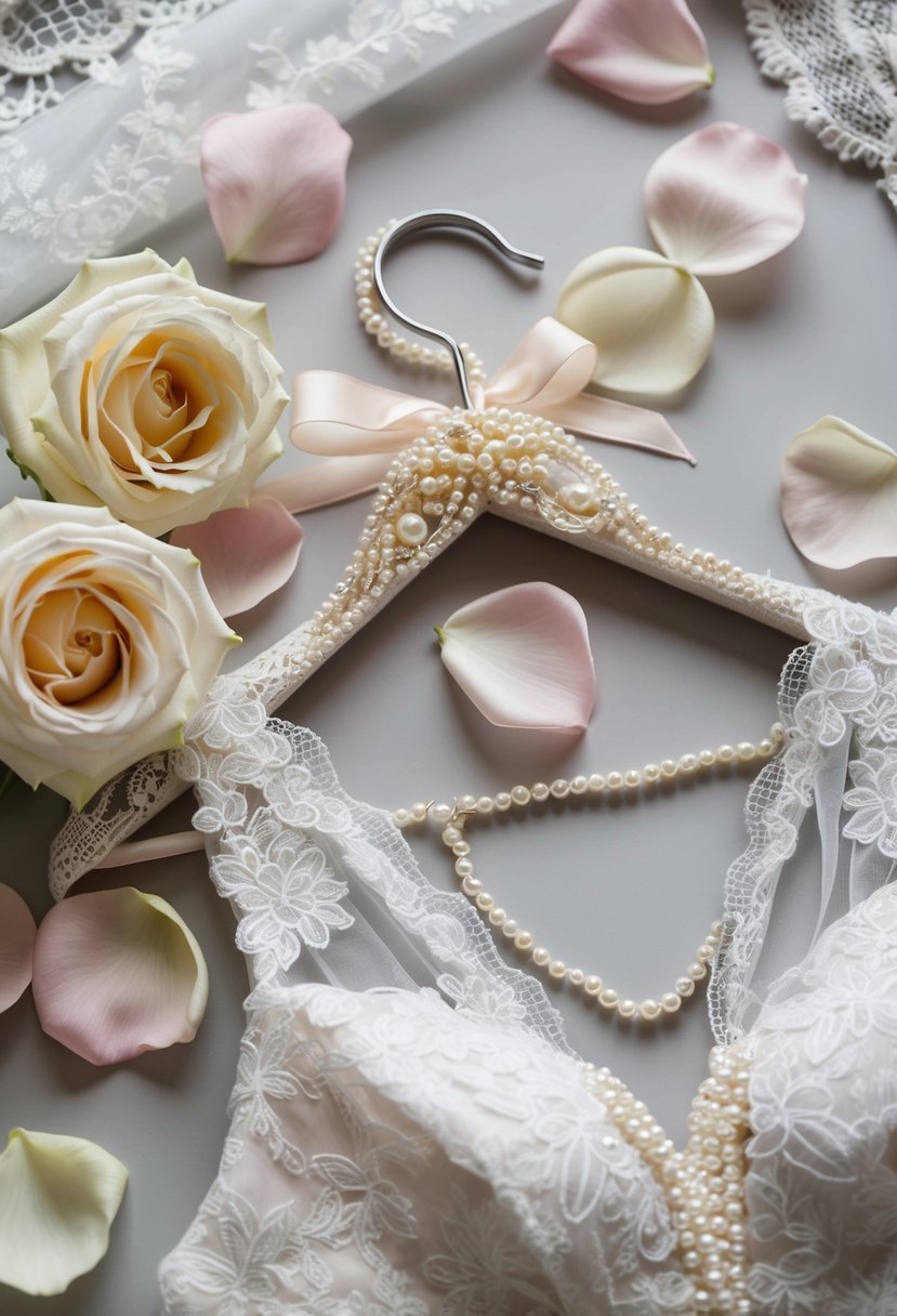 A delicate lace bridal hanger adorned with pearls and satin ribbon, surrounded by soft rose petals and delicate lace fabric