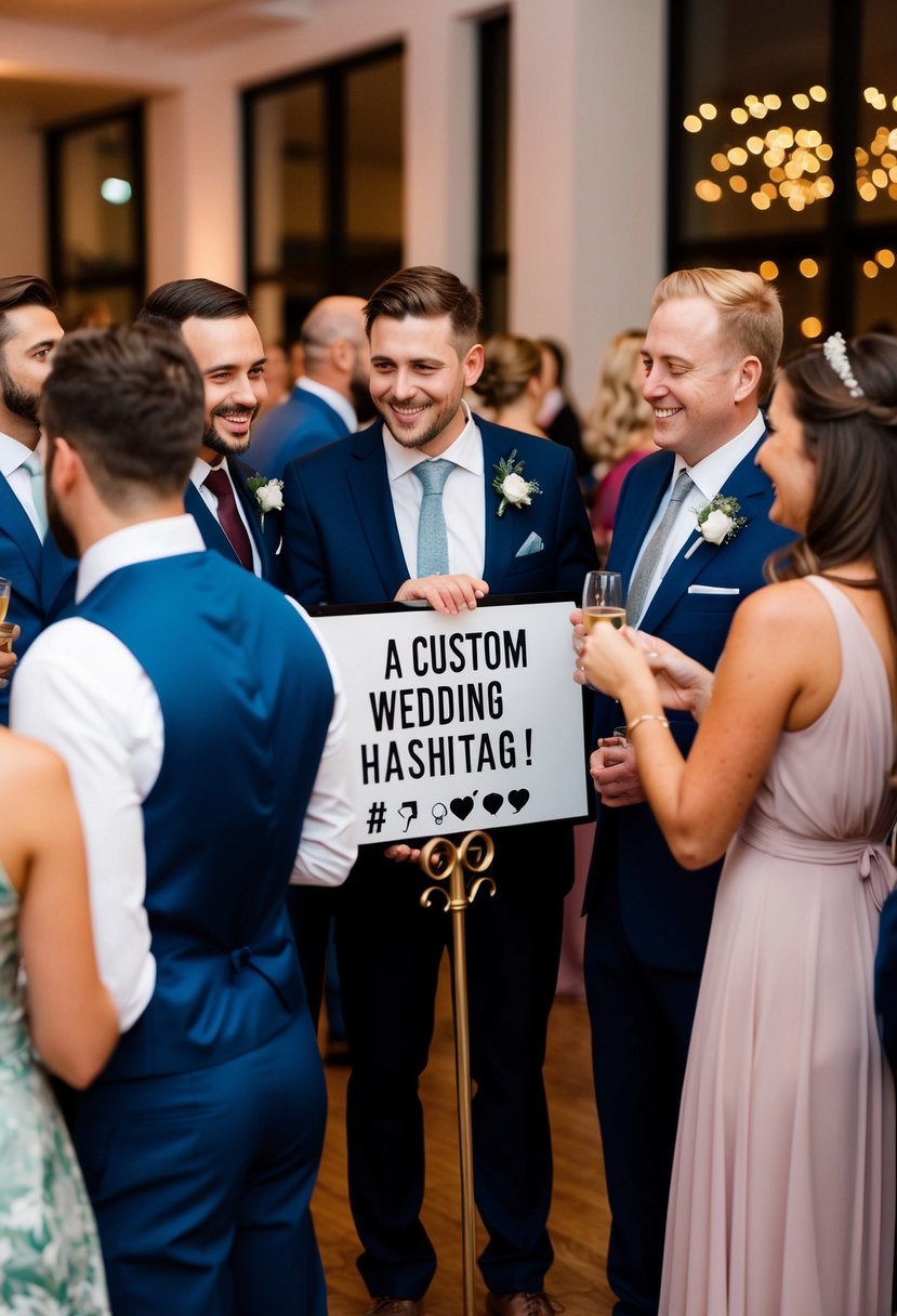 Guests gather around a sign with a custom wedding hashtag, sharing tips at the reception