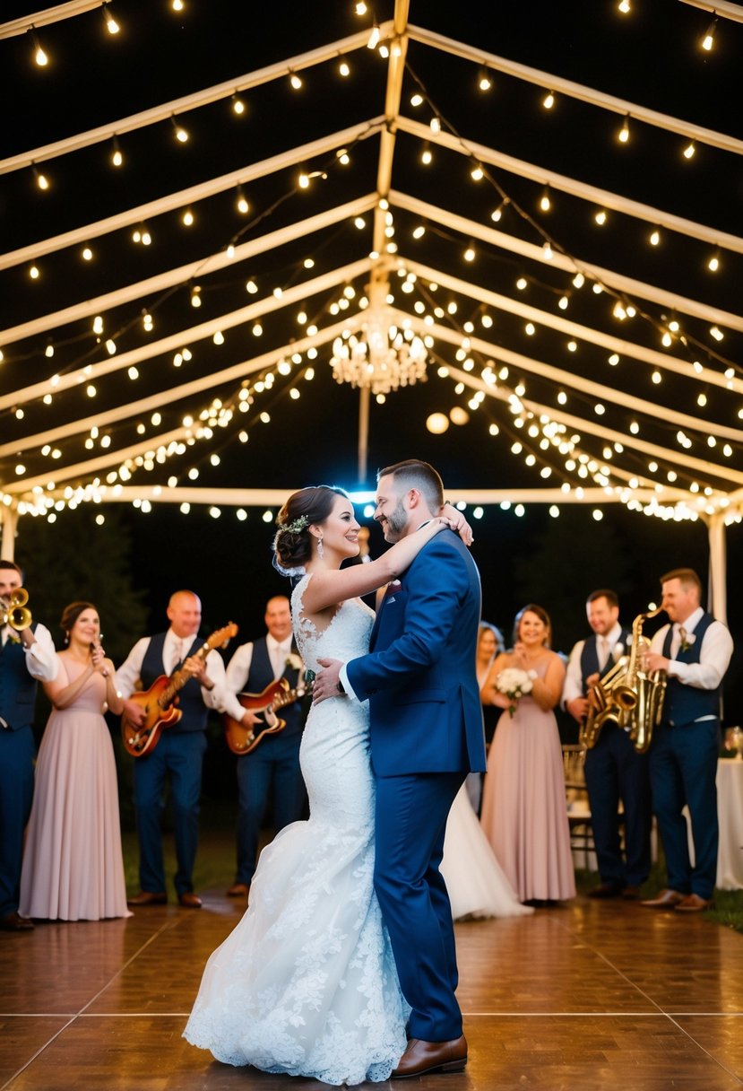 A couple dances under a canopy of twinkling lights as a band plays a lively exit song at their outdoor wedding