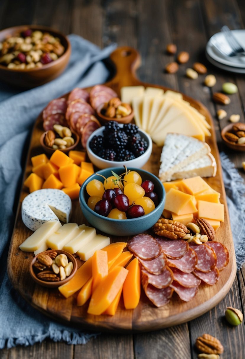 A beautifully arranged charcuterie board with an assortment of cheeses, meats, fruits, and nuts, presented on a rustic wooden serving platter