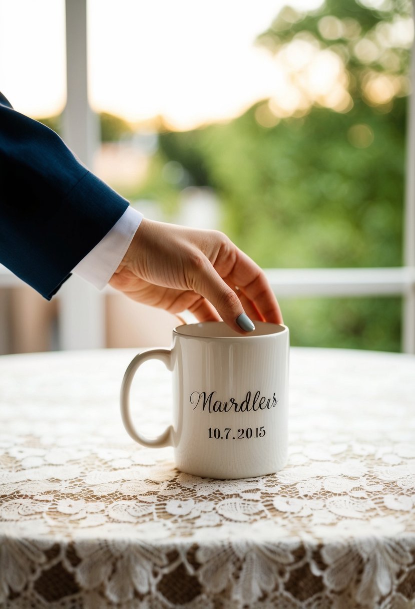 A delicate hand reaches for a personalized mug on a lace-covered table, with a wedding date inscribed on it