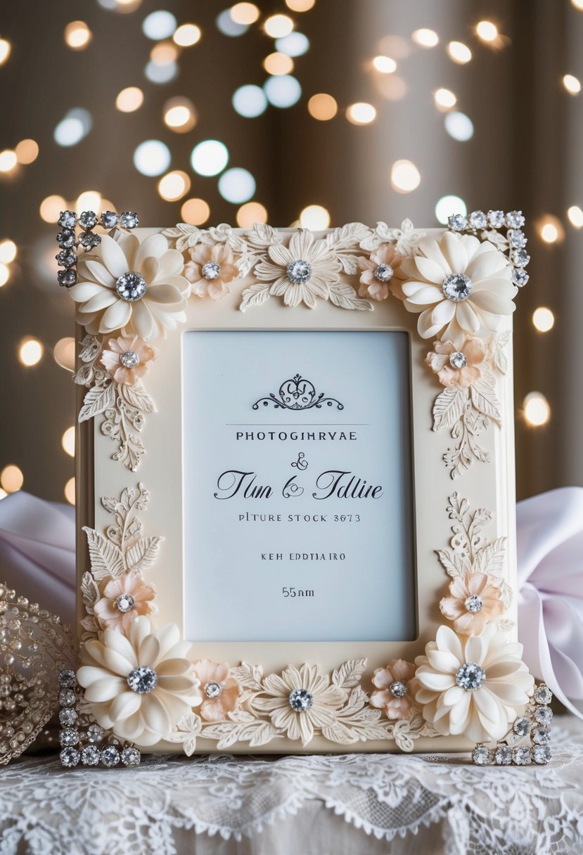 A beautiful picture frame with intricate floral designs and the couple's initials engraved, surrounded by delicate lace and sparkling crystals