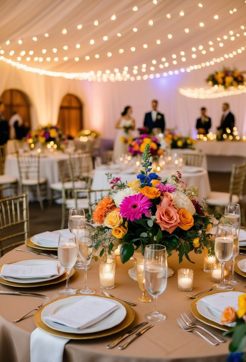 A colorful array of flowers, elegant table settings, and twinkling lights create a warm and inviting atmosphere for a brief ceremony wedding reception