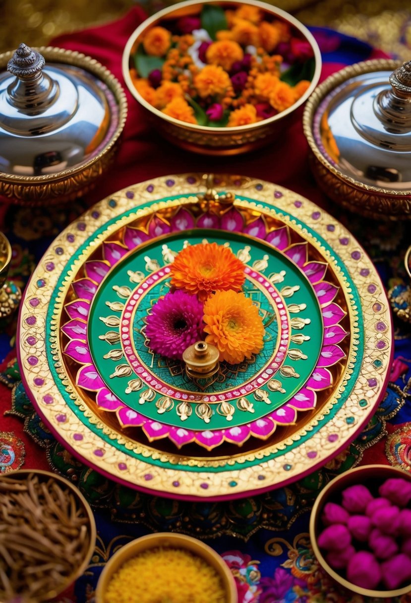 A beautifully decorated Pooja Thali with vibrant colors and intricate designs, adorned with traditional items like flowers, incense, and sacred symbols