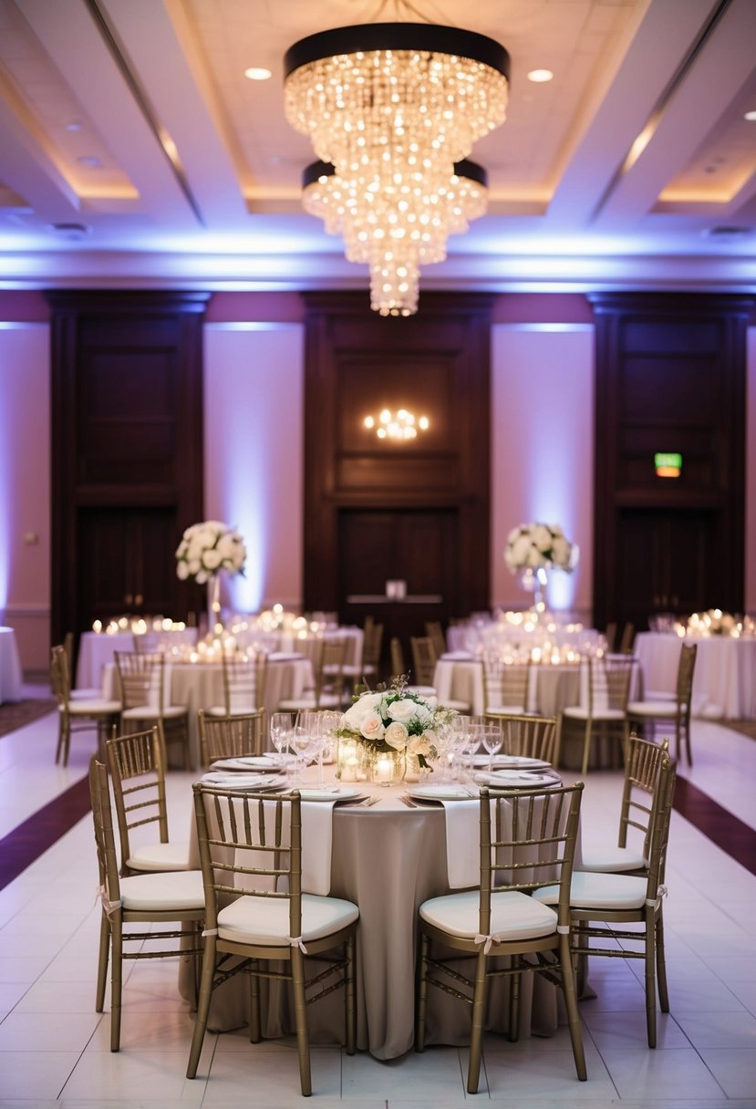 A beautifully decorated reception hall with elegant table settings, soft lighting, and a dance floor, ready for a personalized wedding program