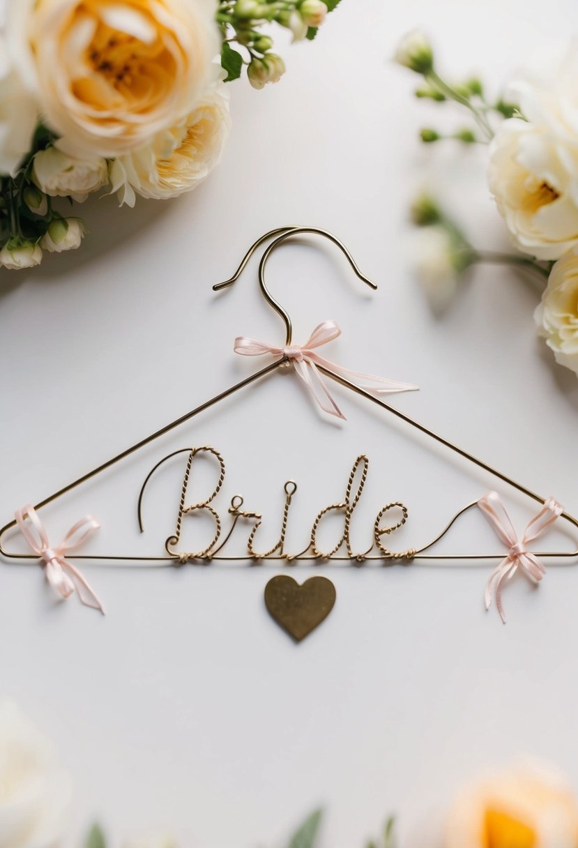 A delicate wire hanger shaped in cursive spells out "bride" with small heart details, adorned with ribbons and flowers for a wedding day gift