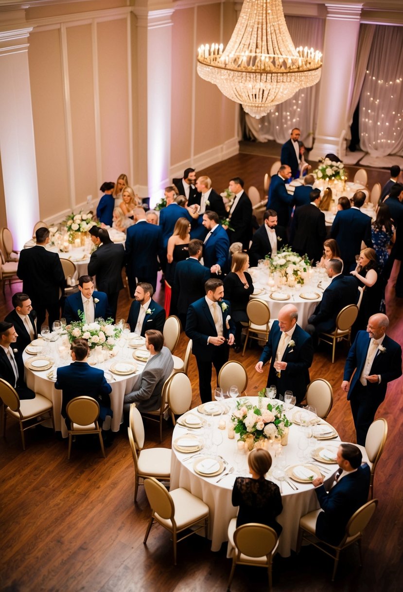 Guests mingle around a beautifully decorated reception area, with tables set and a dance floor ready for the evening's celebrations