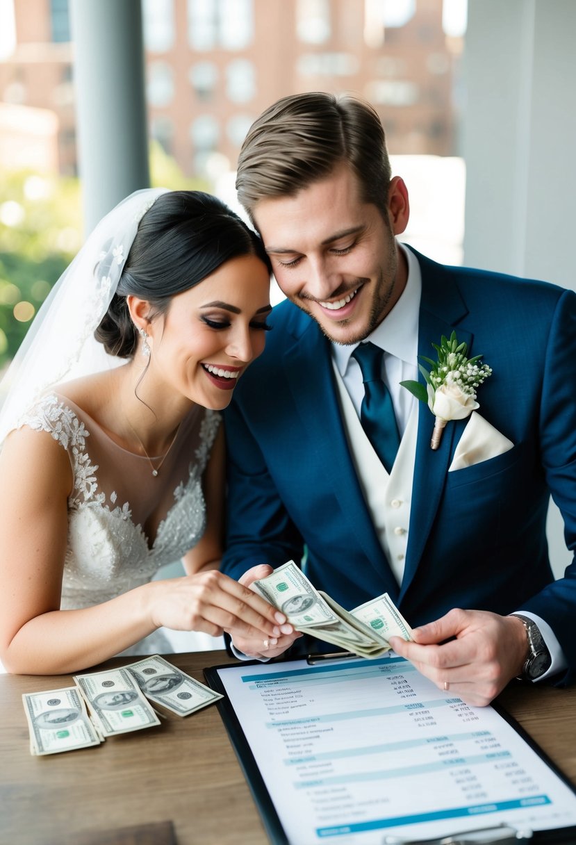 A bride and groom happily counting money while looking at a wedding budget spreadsheet