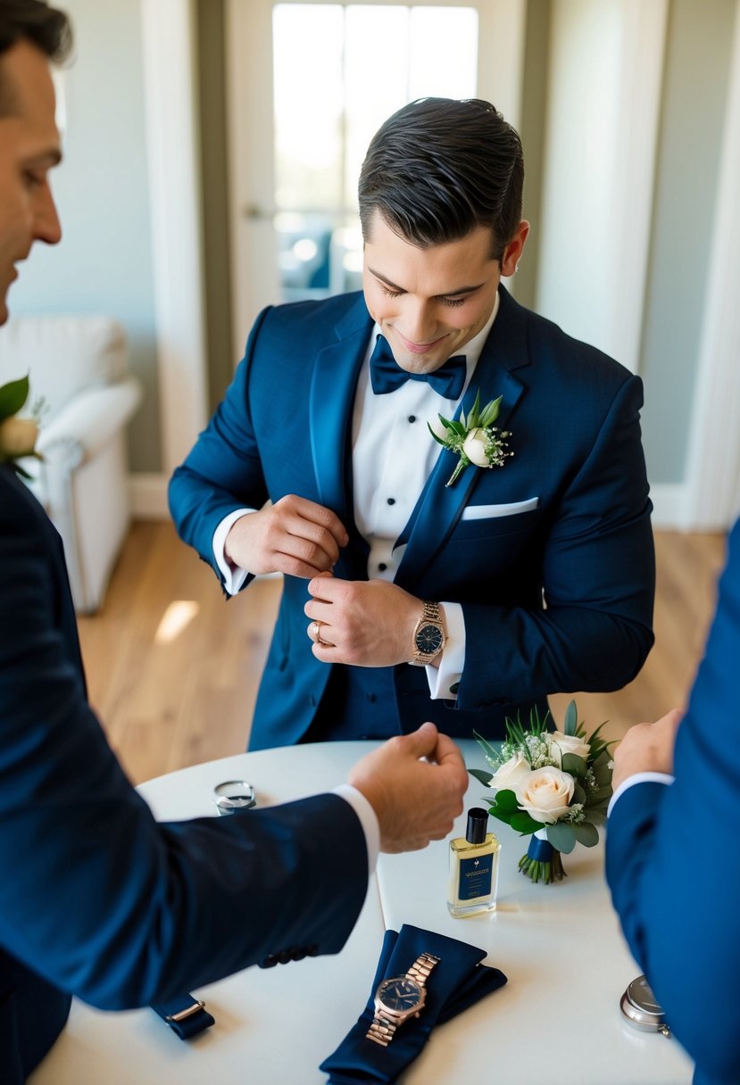 A groom getting ready, surrounded by a tuxedo, cufflinks, and a boutonniere on a table. A watch and cologne add final touches