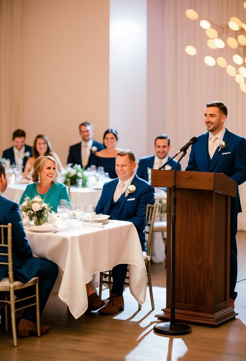 Guests transition from dining tables to a podium for speeches at a wedding reception. Tables are cleared, and a microphone stands ready for the next part of the celebration