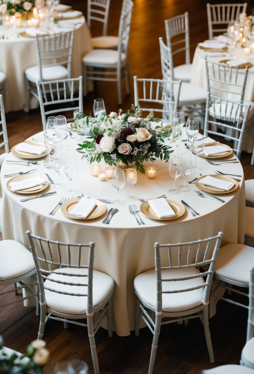 Guests' chairs arranged in a semi-circle around a floral centerpiece on a round table, with soft lighting and elegant place settings