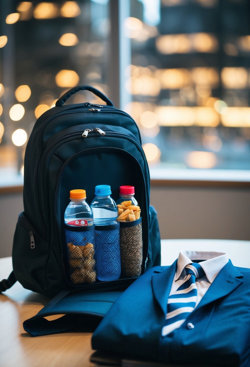 A backpack filled with snacks and water bottles sits next to a neatly folded suit and tie on a table