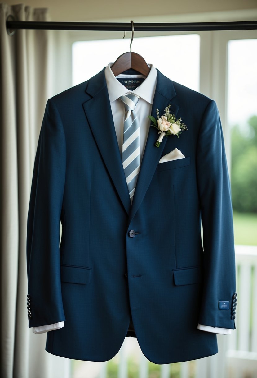 A neatly pressed suit hanging on a hanger, surrounded by a tie, cufflinks, and a boutonniere, ready for the groom on his wedding day