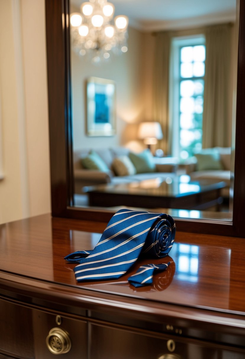 A neatly arranged tie and bow tie on a polished wooden dresser, with a mirror reflecting the room's elegant decor