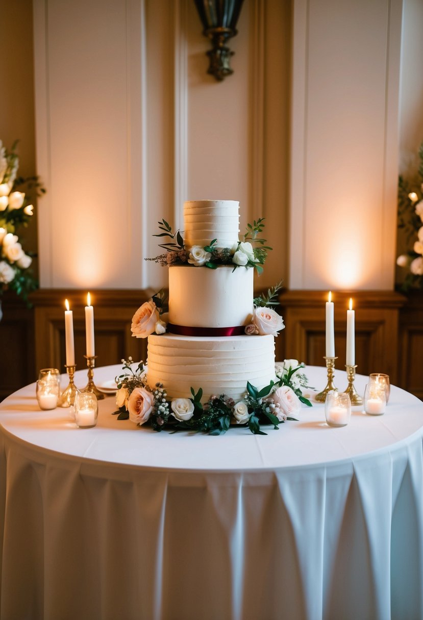 A beautifully decorated wedding cake table with elegant floral arrangements and romantic candlelight