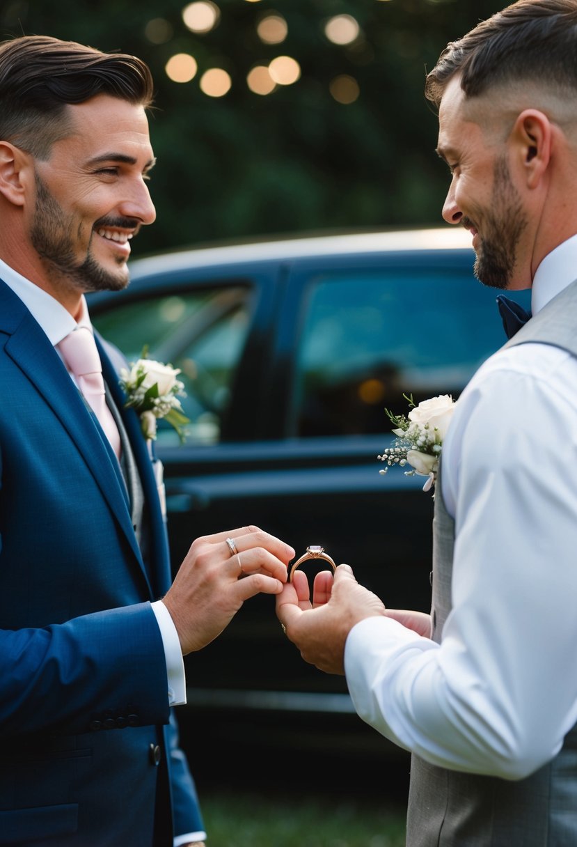 A well-dressed best man handing the groom a wedding ring