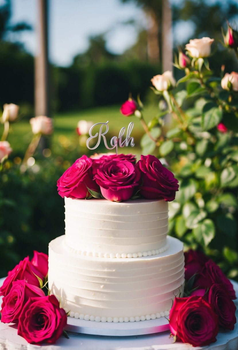 A white wedding cake surrounded by vibrant, lush roses