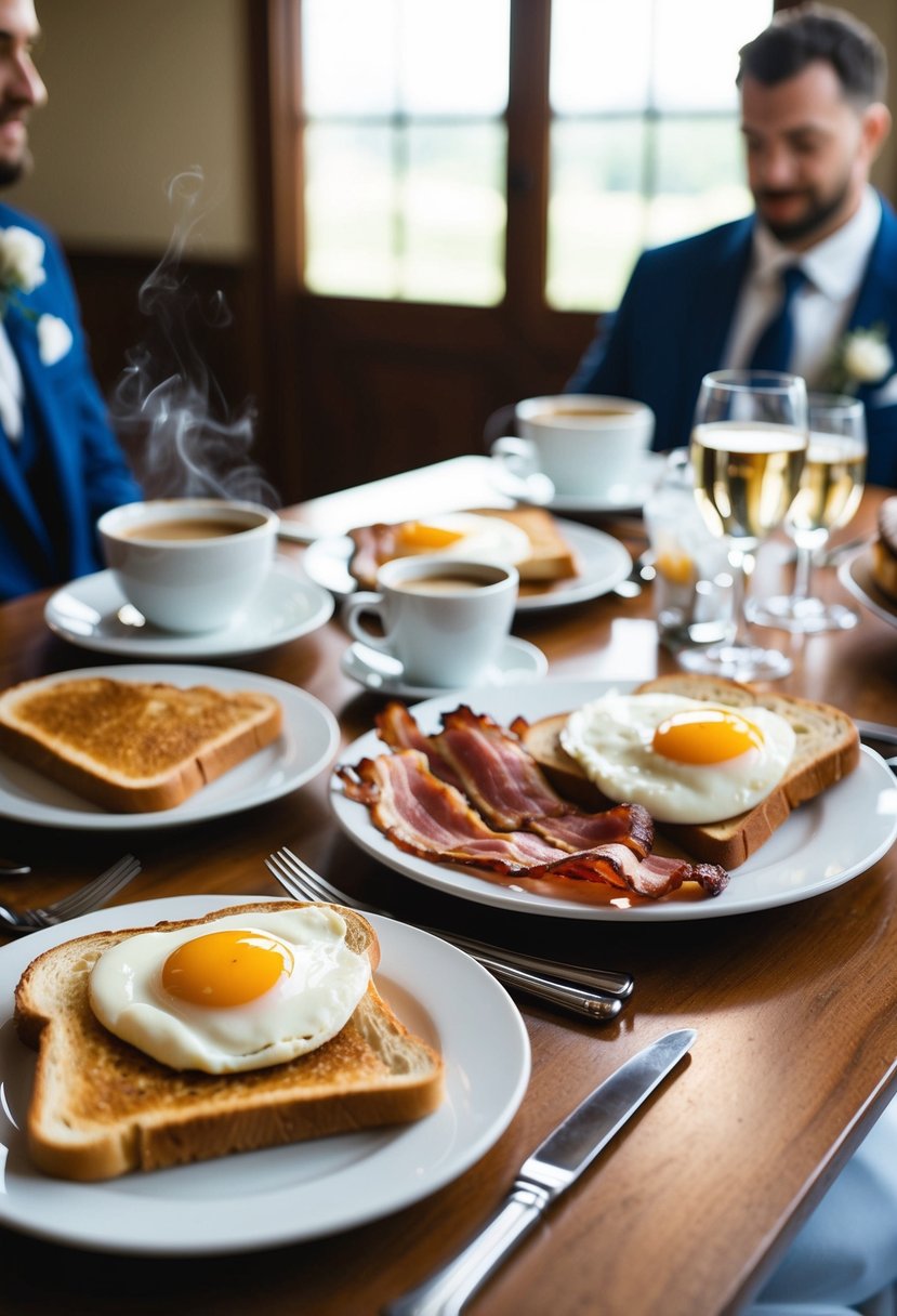 A table set with a hearty breakfast spread, including eggs, bacon, toast, and a steaming cup of coffee, ready to fuel the groom for his big day