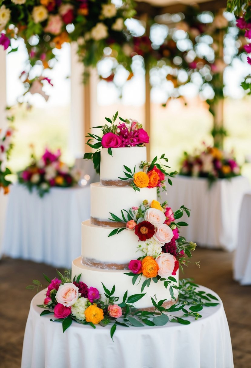 A wedding cake table adorned with vibrant florals in full bloom