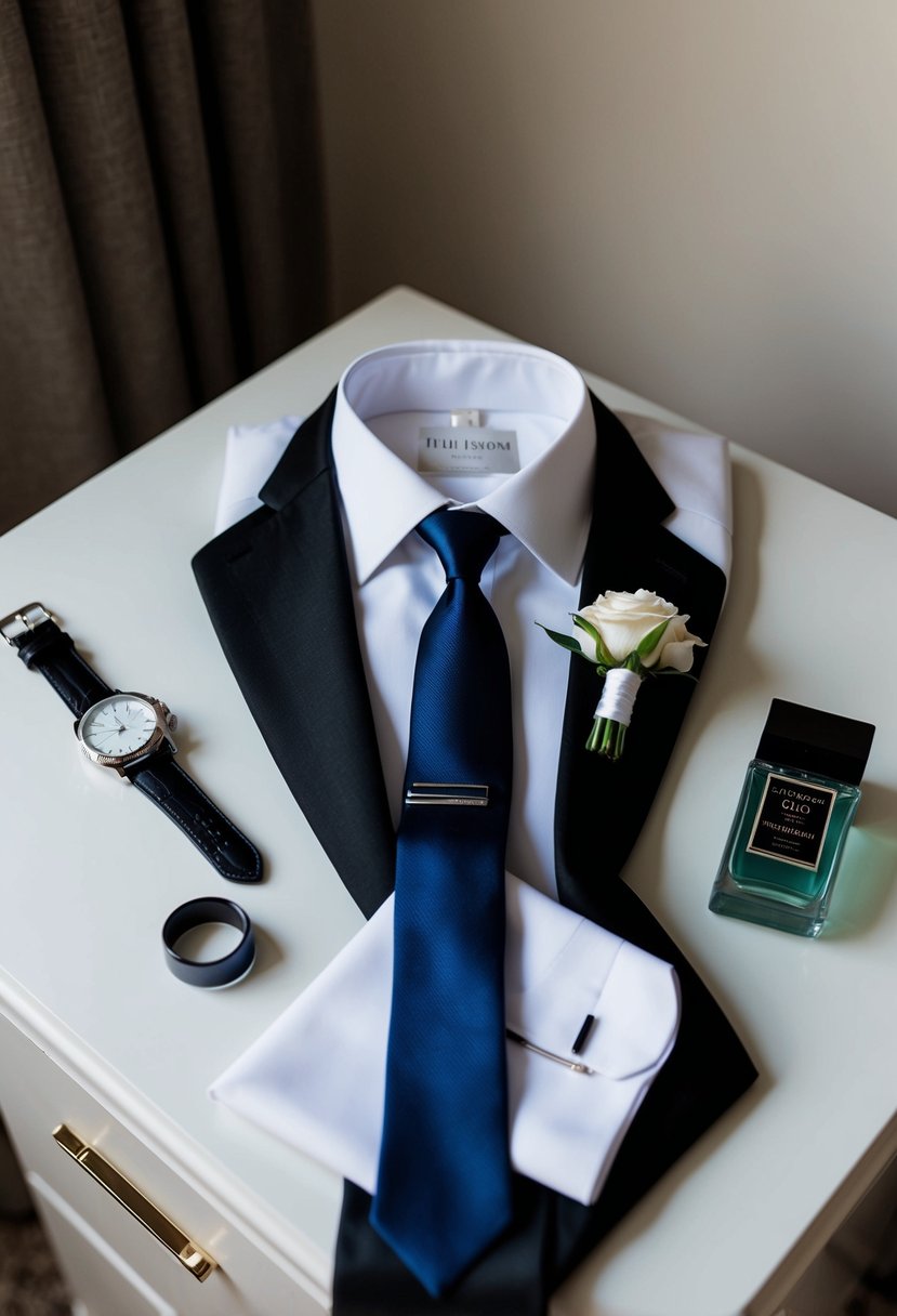 A tuxedo, cufflinks, tie, watch, cologne, and wedding band laid out on a dresser