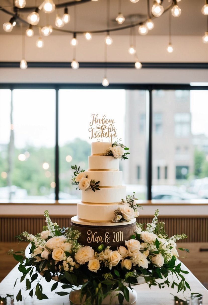 A beautifully decorated wedding cake table with personalized signage and elegant floral arrangements