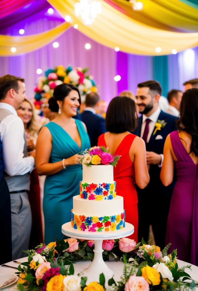 A festive wedding party with colorful decorations, flowers, and a tiered wedding cake. Guests are mingling and enjoying the celebration