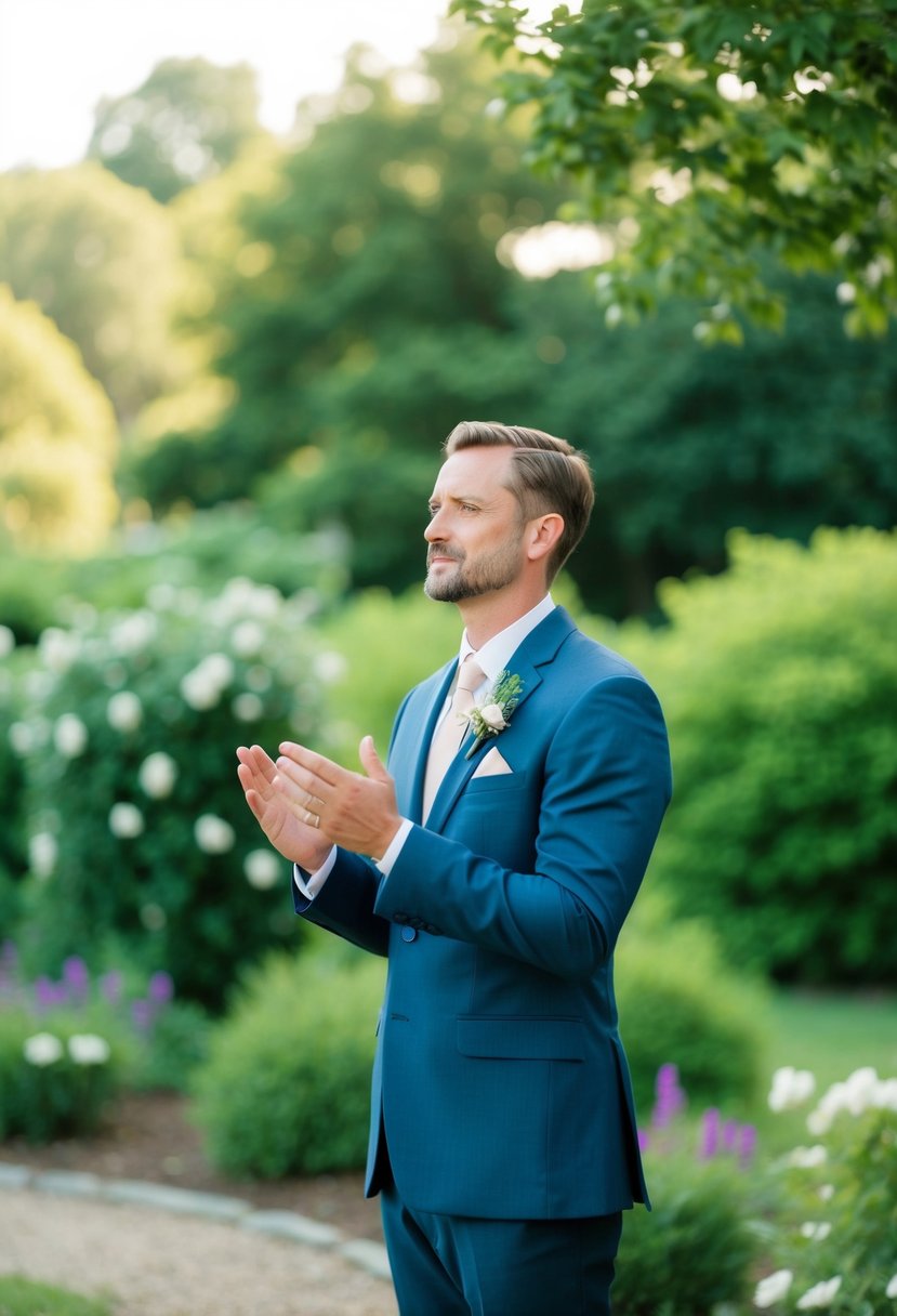 Groom standing alone in a peaceful garden, practicing his wedding vows out loud with a serene expression on his face