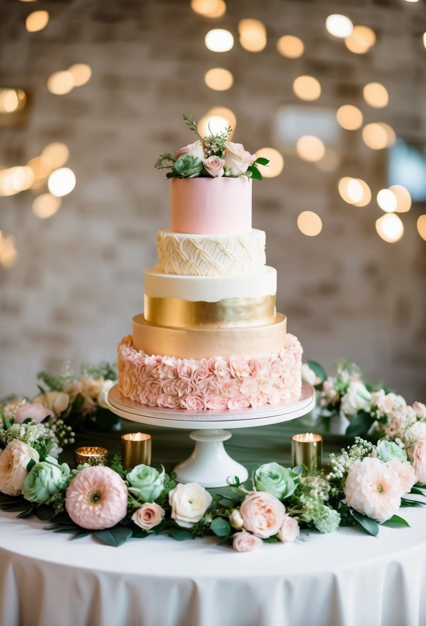 A wedding cake table adorned with pastel pink, ivory, and gold cakes, surrounded by blush and mint green floral arrangements