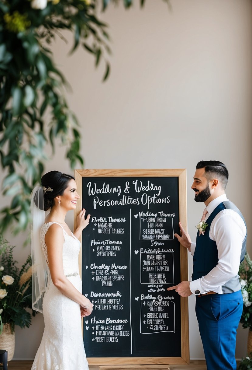 A bride and groom standing in front of a chalkboard with different wedding themes and decor options based on their personalities