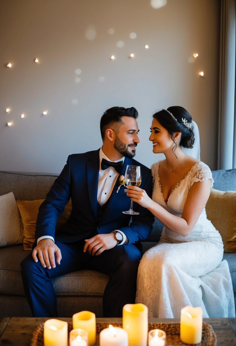 A groom sitting on a cozy couch, surrounded by candles and soft music, sipping a glass of wine with his partner