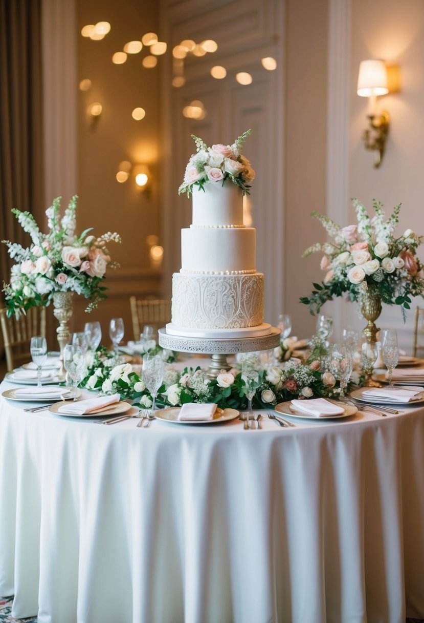 A beautifully draped table with an ornate wedding cake as the centerpiece, surrounded by delicate floral arrangements and elegant table linens