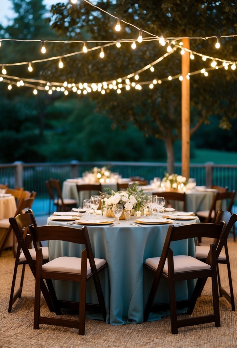 A cozy outdoor wedding reception with string lights, plush seating, and a warm color palette