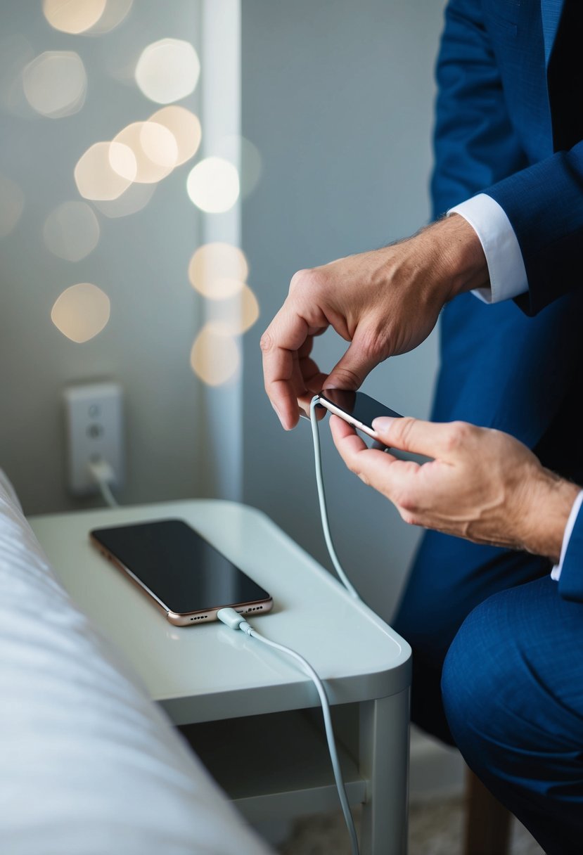 A groom's hand reaching for a charging cable next to a phone on a bedside table