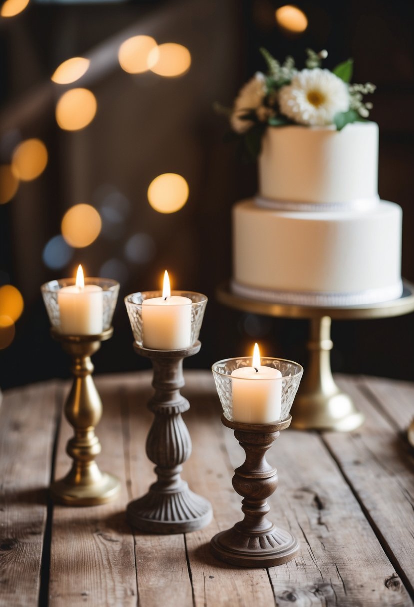 A rustic wooden table adorned with vintage candle holders, set against a backdrop of a charming wedding cake