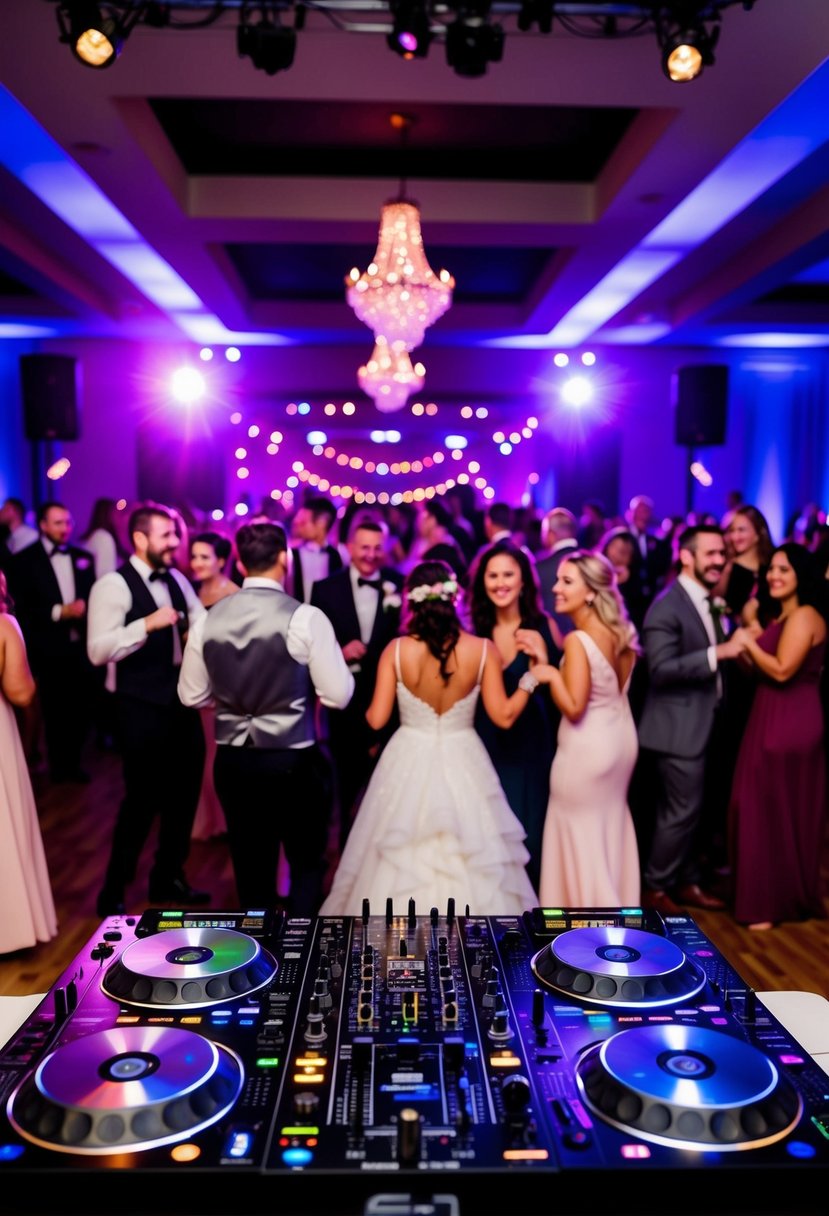 A lively wedding reception with a DJ spinning music, colorful lights, and a crowded dance floor