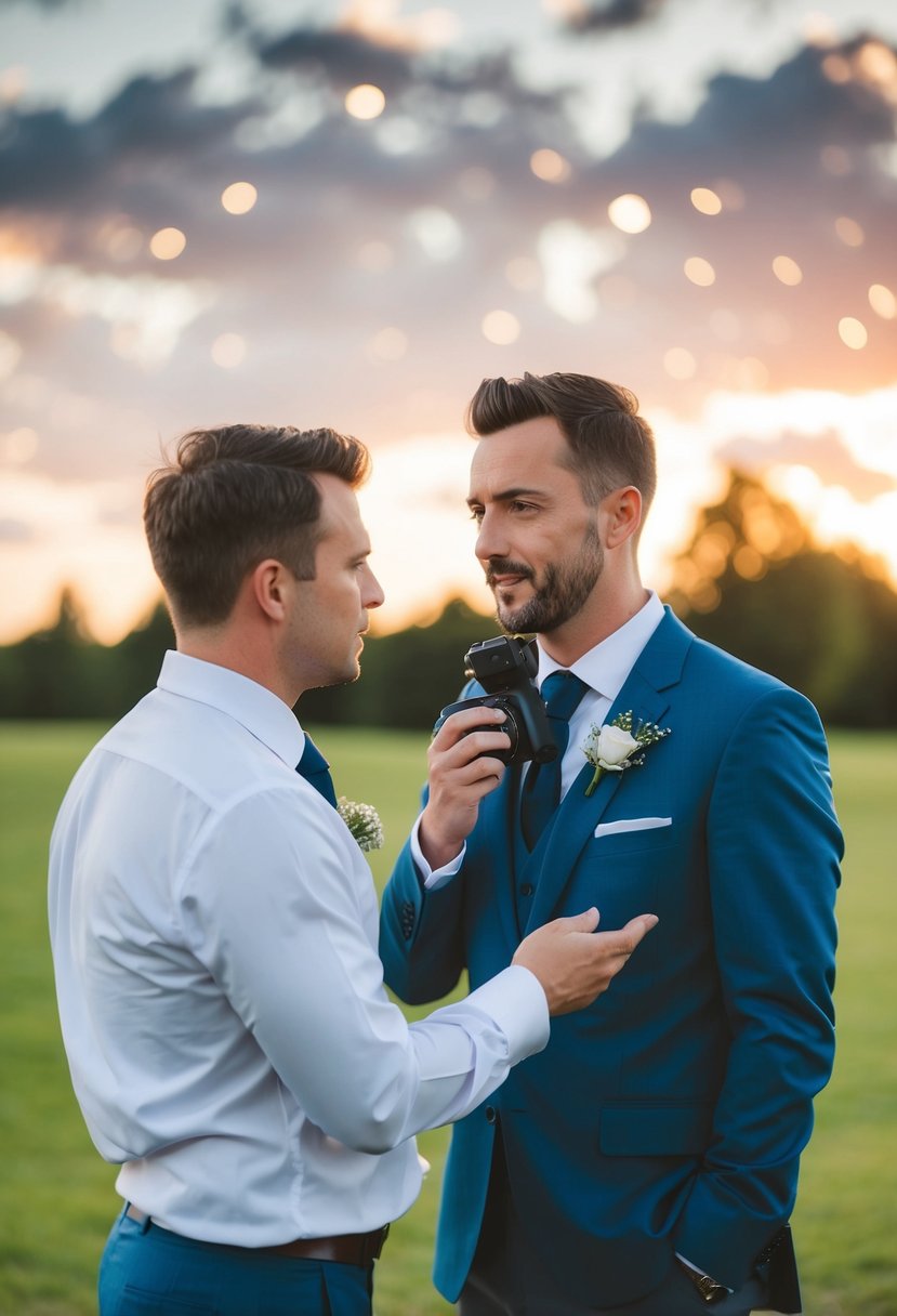 A groom and photographer discussing important wedding day shots