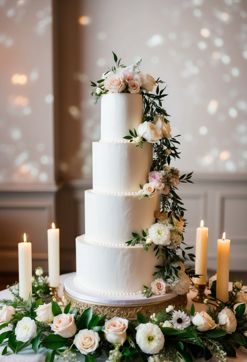 A white wedding cake with cascading flower arrangements sits on a table adorned with floral decor and candles