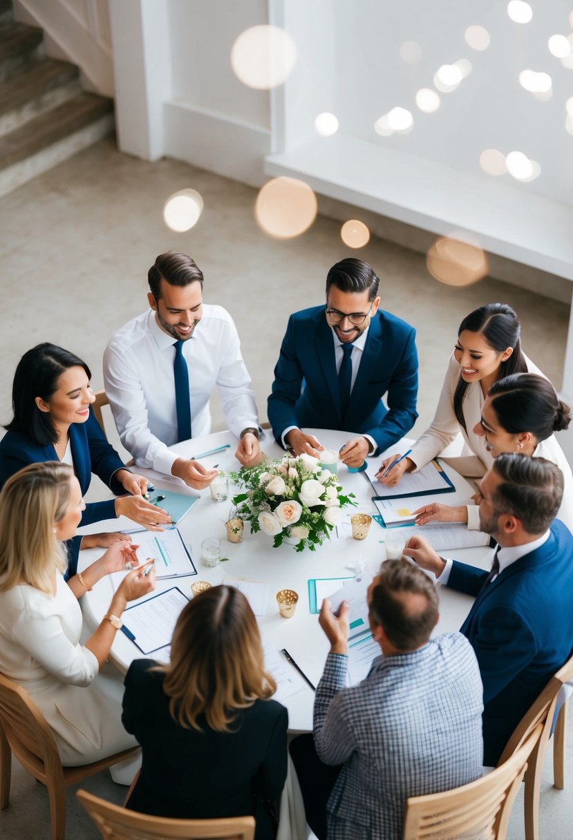 A group of people gathered around a table, sharing ideas and tips for planning a wedding party