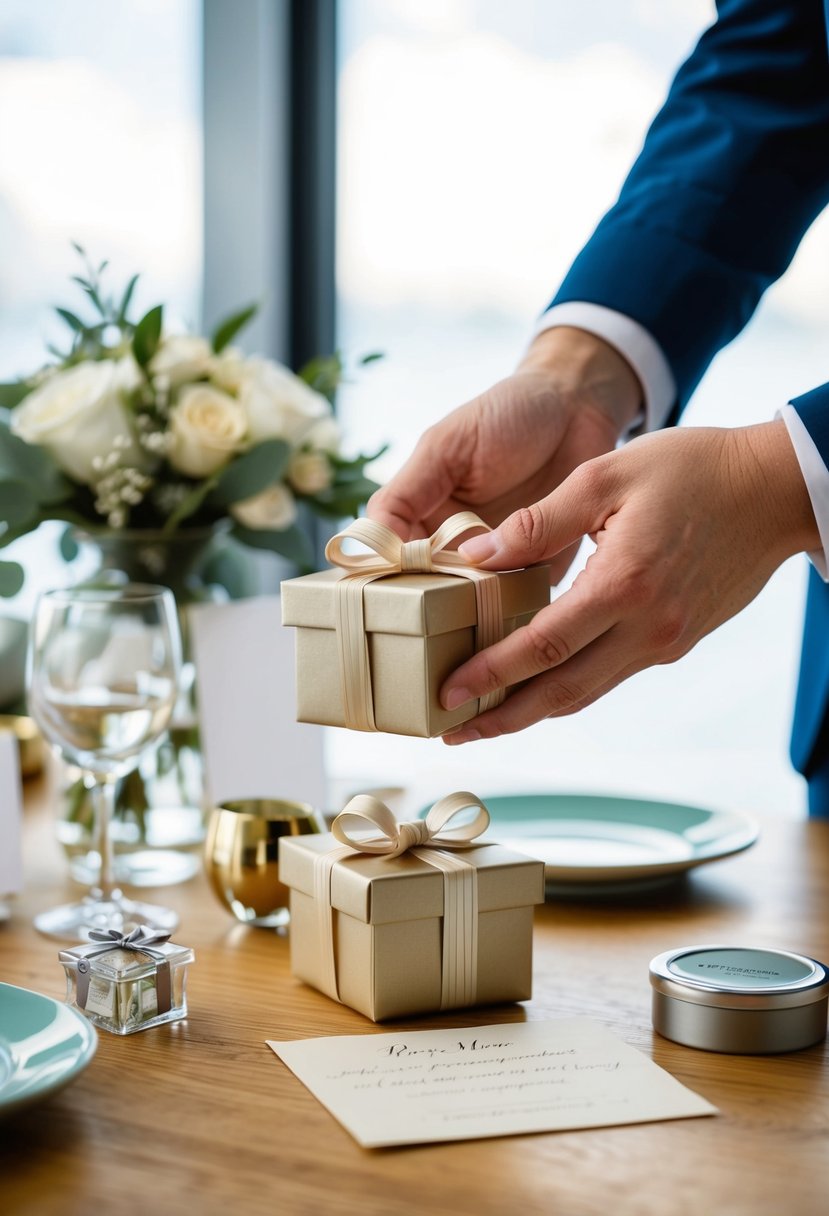 A groom's hand places a small gift box on a table, surrounded by wedding accessories and a note