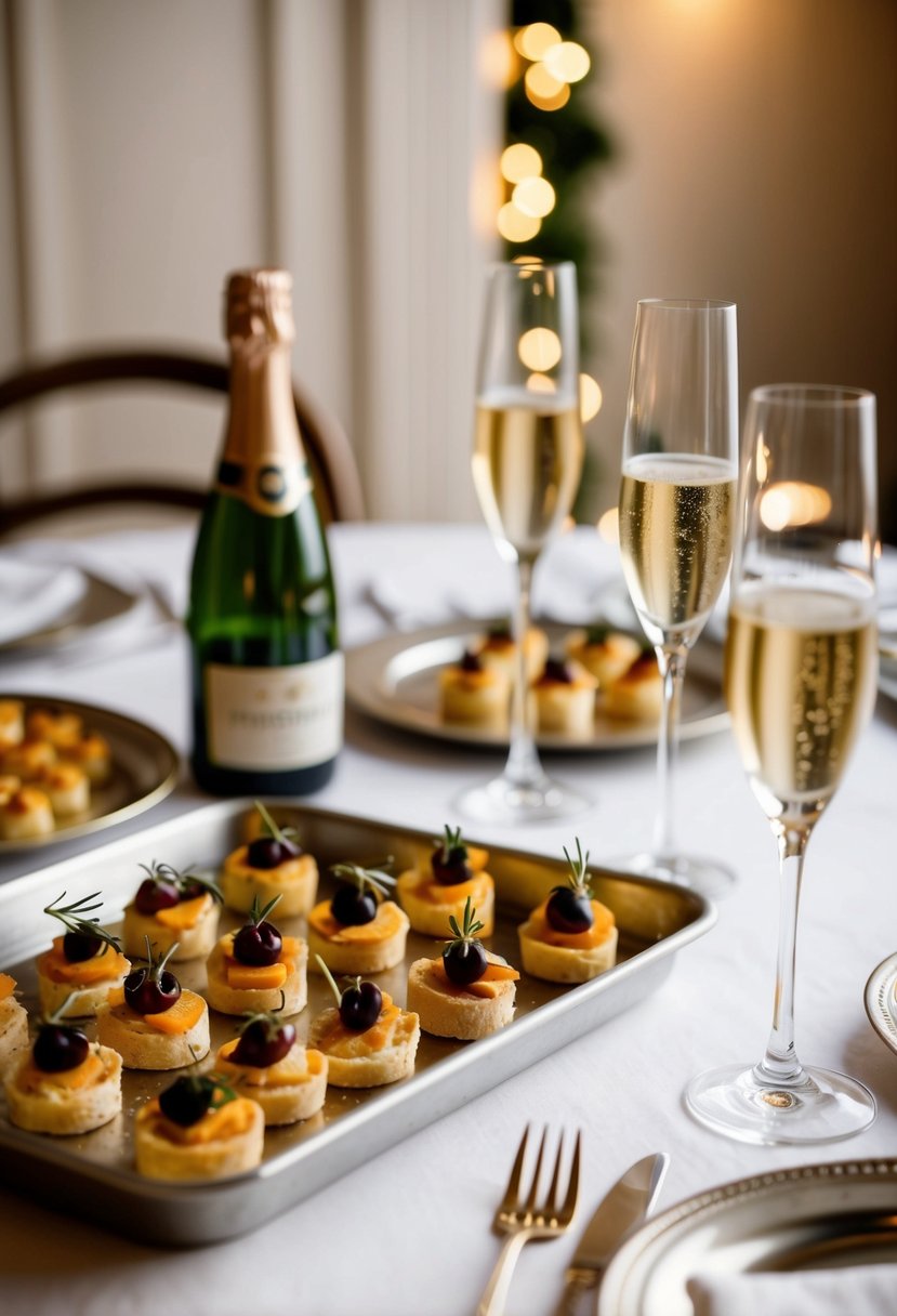 A tray of elegant hors d'oeuvres and champagne glasses set on a beautifully decorated table, with soft lighting creating a warm and inviting atmosphere