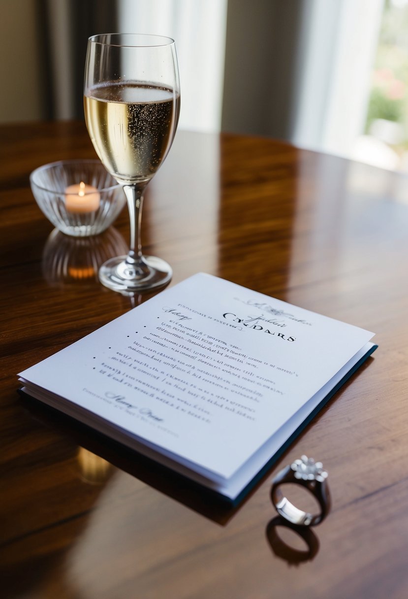 A groom's speech notes sit next to a wedding ring and a glass of champagne on a polished wooden table