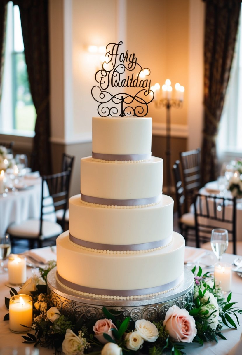 A three-tiered wedding cake with a custom cake topper sits on a decorated table adorned with flowers, candles, and elegant tableware