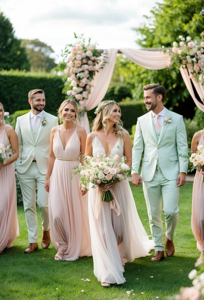 A garden wedding with pastel color scheme. Bridesmaids in flowing boho dresses, groomsmen in light suits. Floral decorations in soft hues