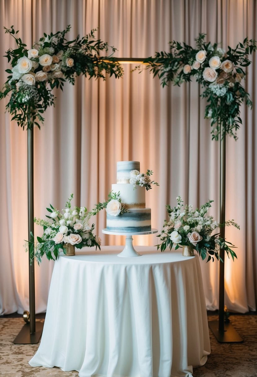 A fabric backdrop frames a wedding cake table, adorned with elegant floral arrangements and soft lighting