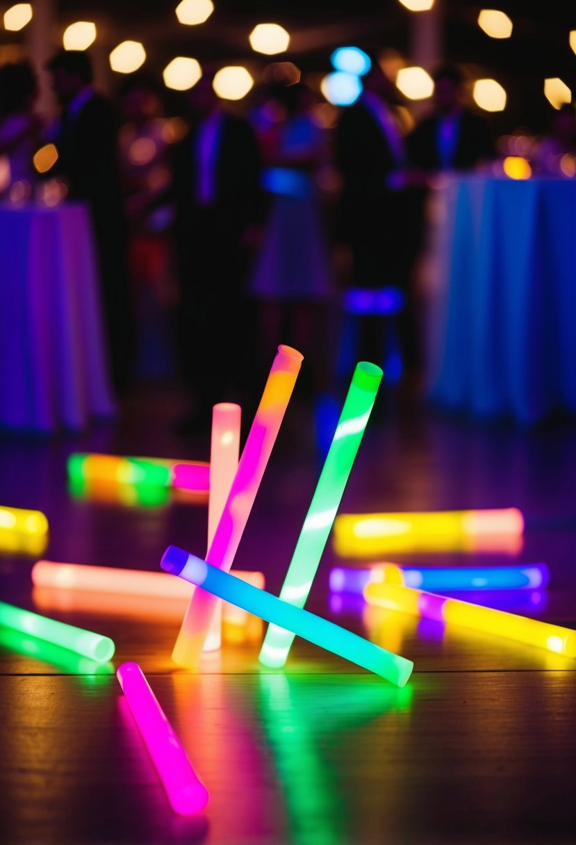 Colorful glow sticks scattered around a festive wedding reception, illuminating the dance floor and adding a playful touch to the celebration