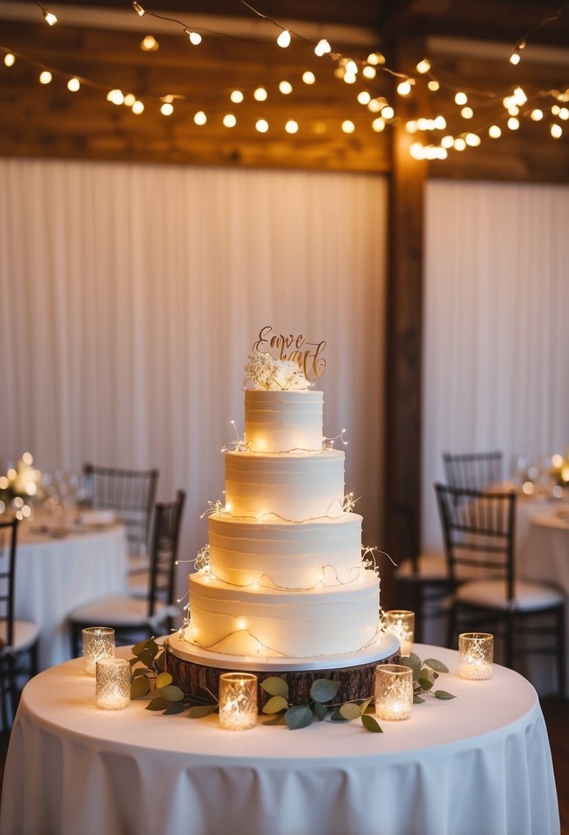 A wedding cake table adorned with fairy lights, creating a magical and romantic ambiance