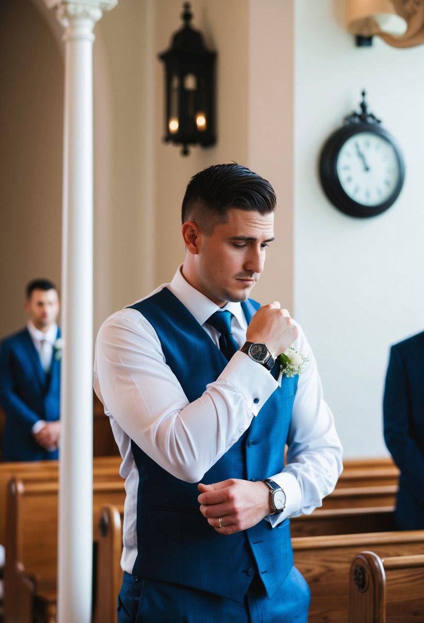 A groom waiting at the altar, checking his watch with a concerned expression as the clock on the wall shows the time